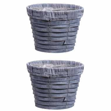 4x stuks bloempot/plantenbak handgemaakt riet/rotan mand grijs 16 x 13cm