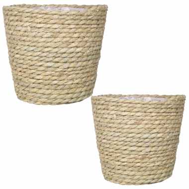 Set van 2x stuks naturel plantenpotten/bloempotten mand van gedraaid touw/riet 22 en 24 cm