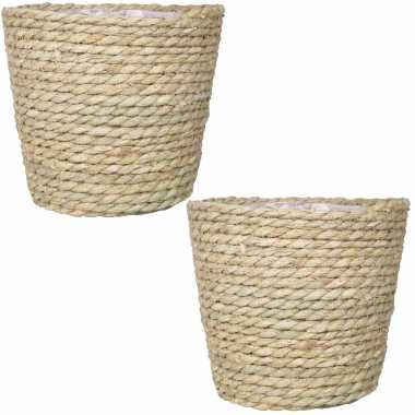 Set van 3x stuks naturel plantenpotten/bloempotten mand van gedraaid touw/riet 24 cm