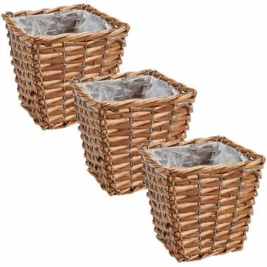 Set van 6x stuks bloempotten/plantenbakken riet/rotan mand vierkant 15 x 15 x 13 cm