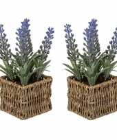 Set van 2x stuks kunstplanten paarse lavendel in rieten mandje 19 cm